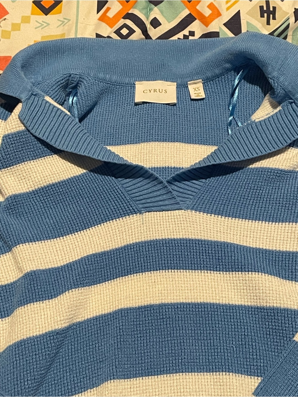 Cyrus Blue & White Striped V-Neck Sweater with Hood - Picture 5 of 5